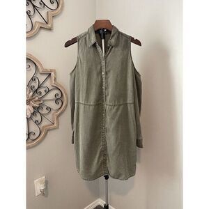 Express Women's S Shirt Dress Cold Shoulder‎ Long Sleeve Olive Green Distressed